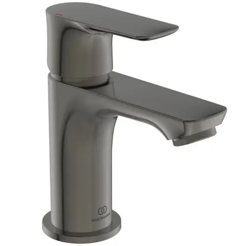 Waschbeckenarmatur von Ideal Standard in Magnetic Grey. Einhebelmischer mit flacher, rechteckiger Ausführung und einem Auslauf, der auf etwa 90 mm Höhe endet.